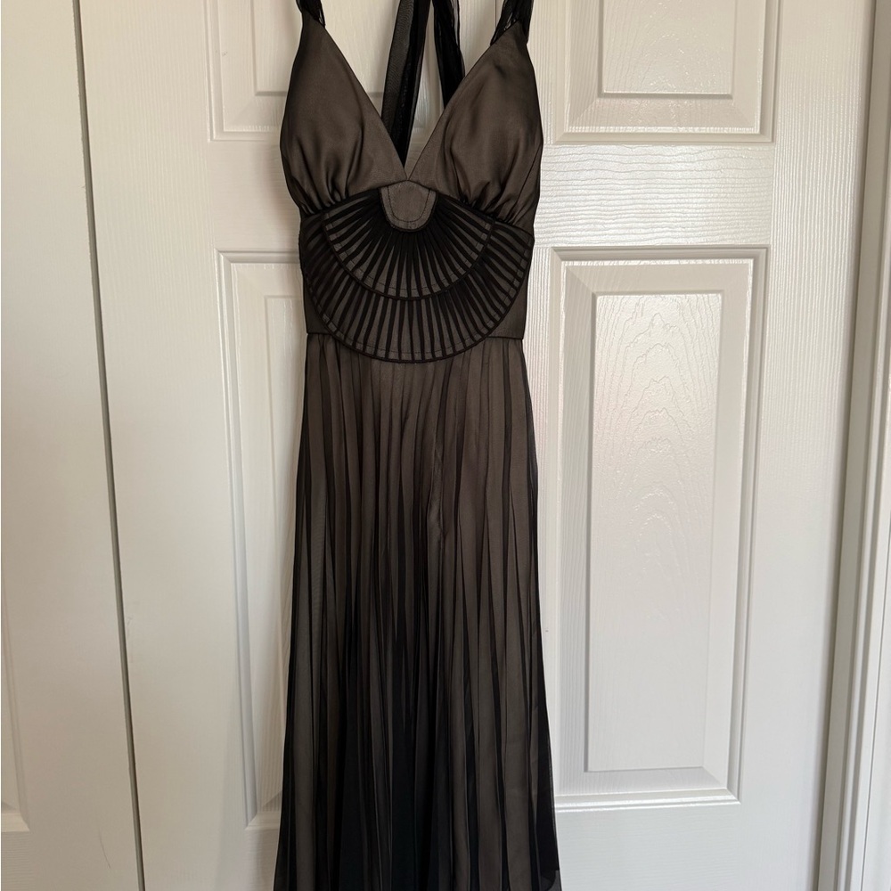 White House Black Market Black Sheer Halter Dress Pleated Mesh Open Back Sz 2 - Picture 2 of 4